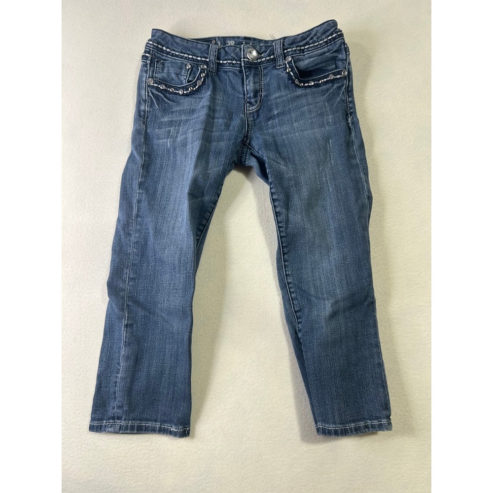 LA Idol Women Medium Wash Rhinestone Studded Low Rise Skinny‎ Jeans Blue Denim